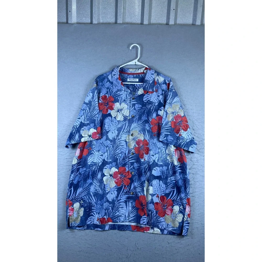 Tommy Bahama Button Down Shirt Mens 2XLT Blue Excellent Floral Hibiscus Tropical